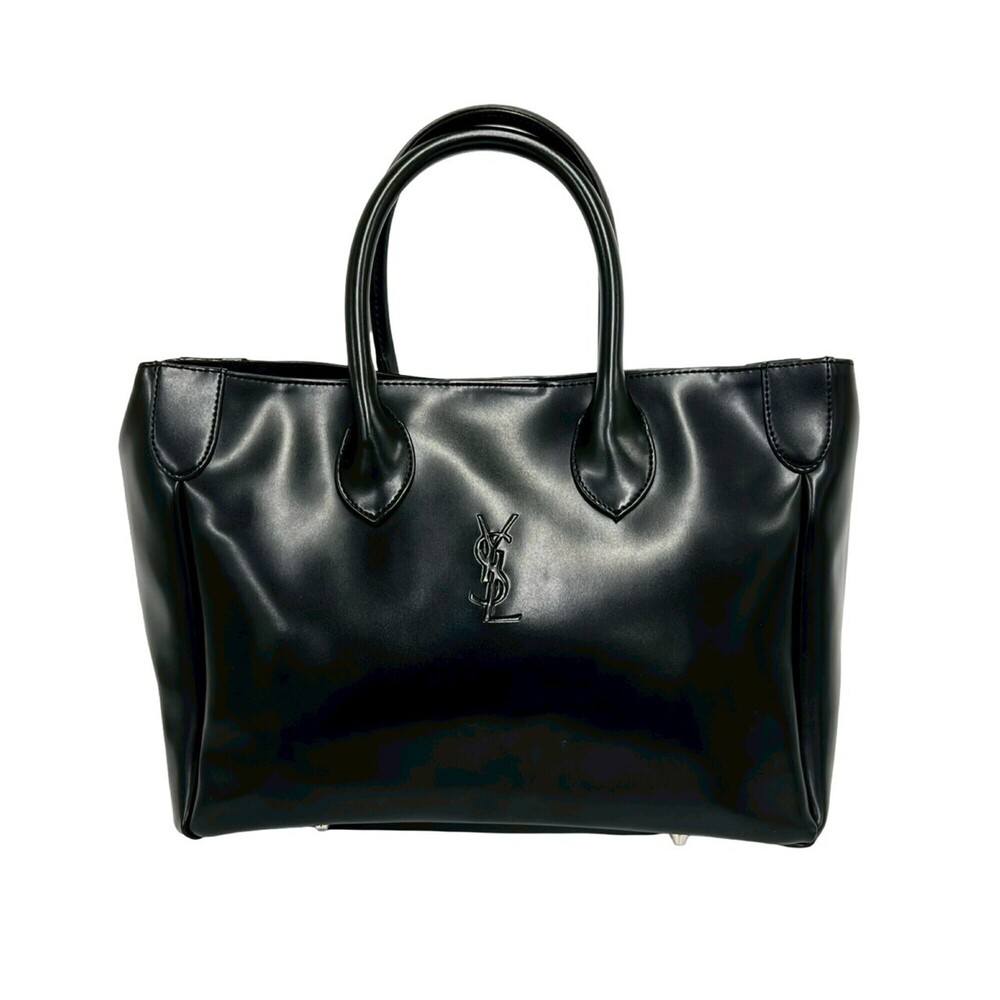 YVES SAINT LAURENT Vintage YSL Logo Leather Handbag Tote Bag Black 49285